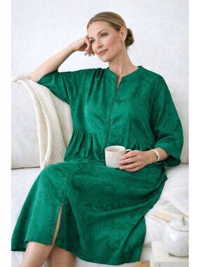 vintage 60s EMERALD GREEN HOSTESS DRESS MEDIUM kaftan caftan housedress lounge